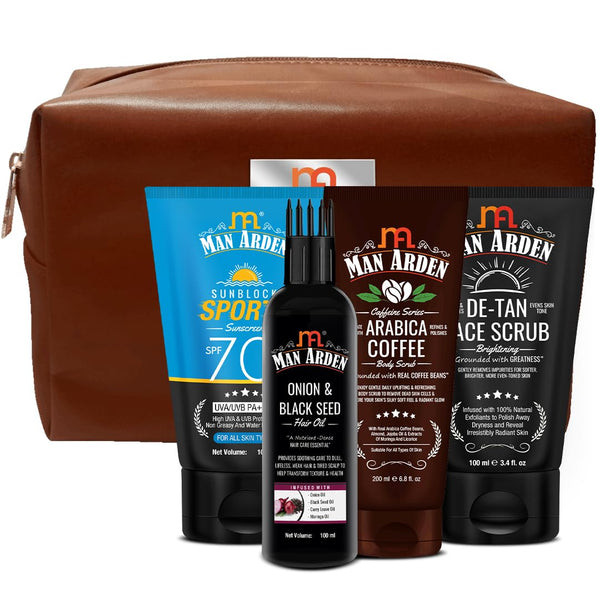 Sun Block Sports Sunscreen SPF 70 + Face Scrub + Onion & Black Seed Hair Oil + Coffee Body Scrub With Tan Pouch