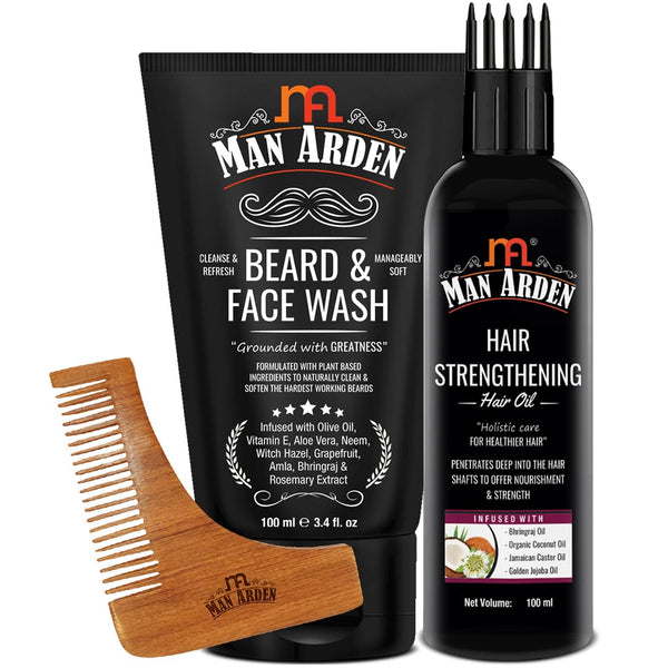 Beard & Face Wash+ Hair Strengthening Hair Oil + Beard Comb